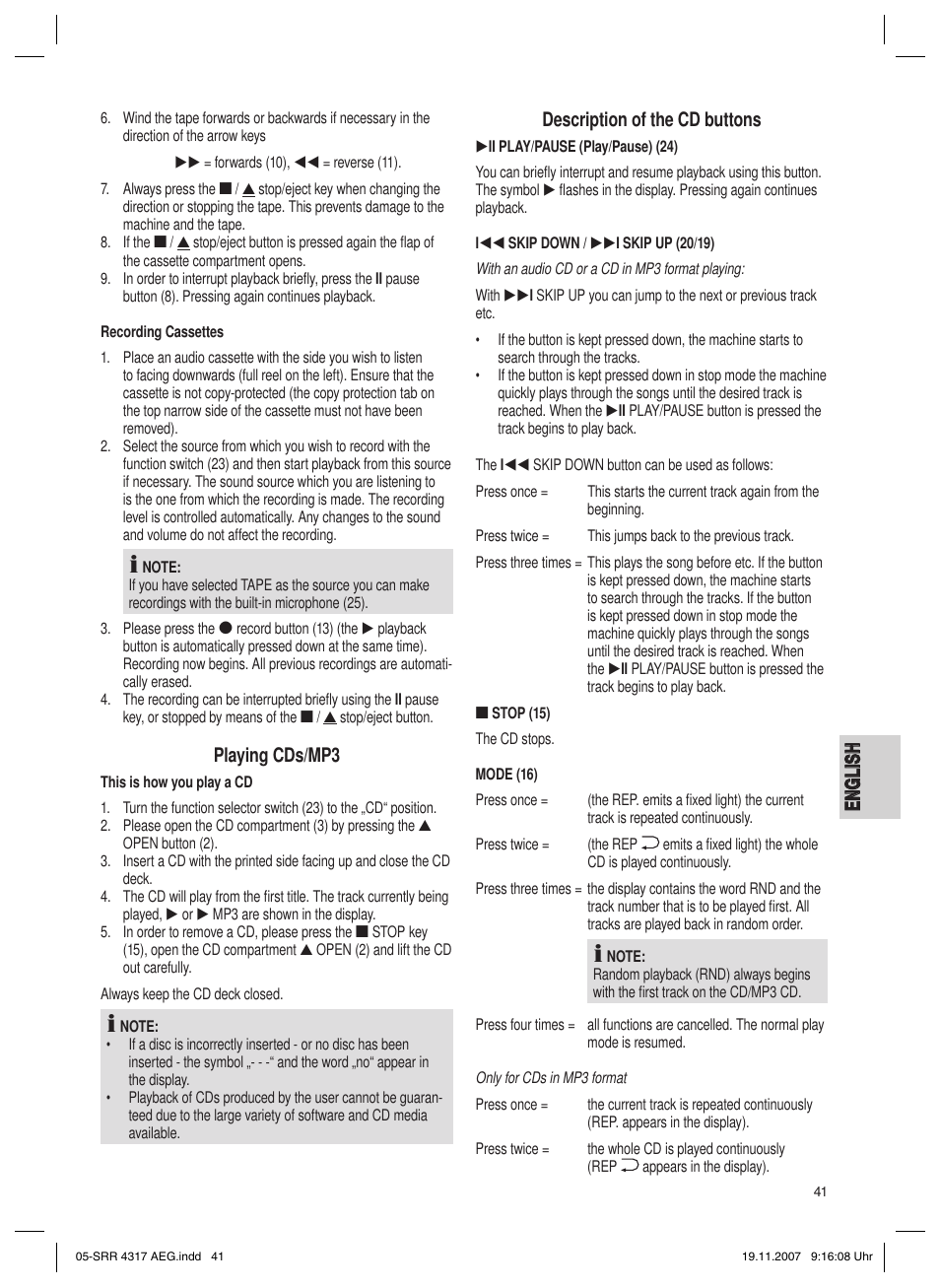 En g l is h english, Playing cds/mp3, Description of the cd buttons | AEG SRR 4317 User Manual | Page 41 / 66