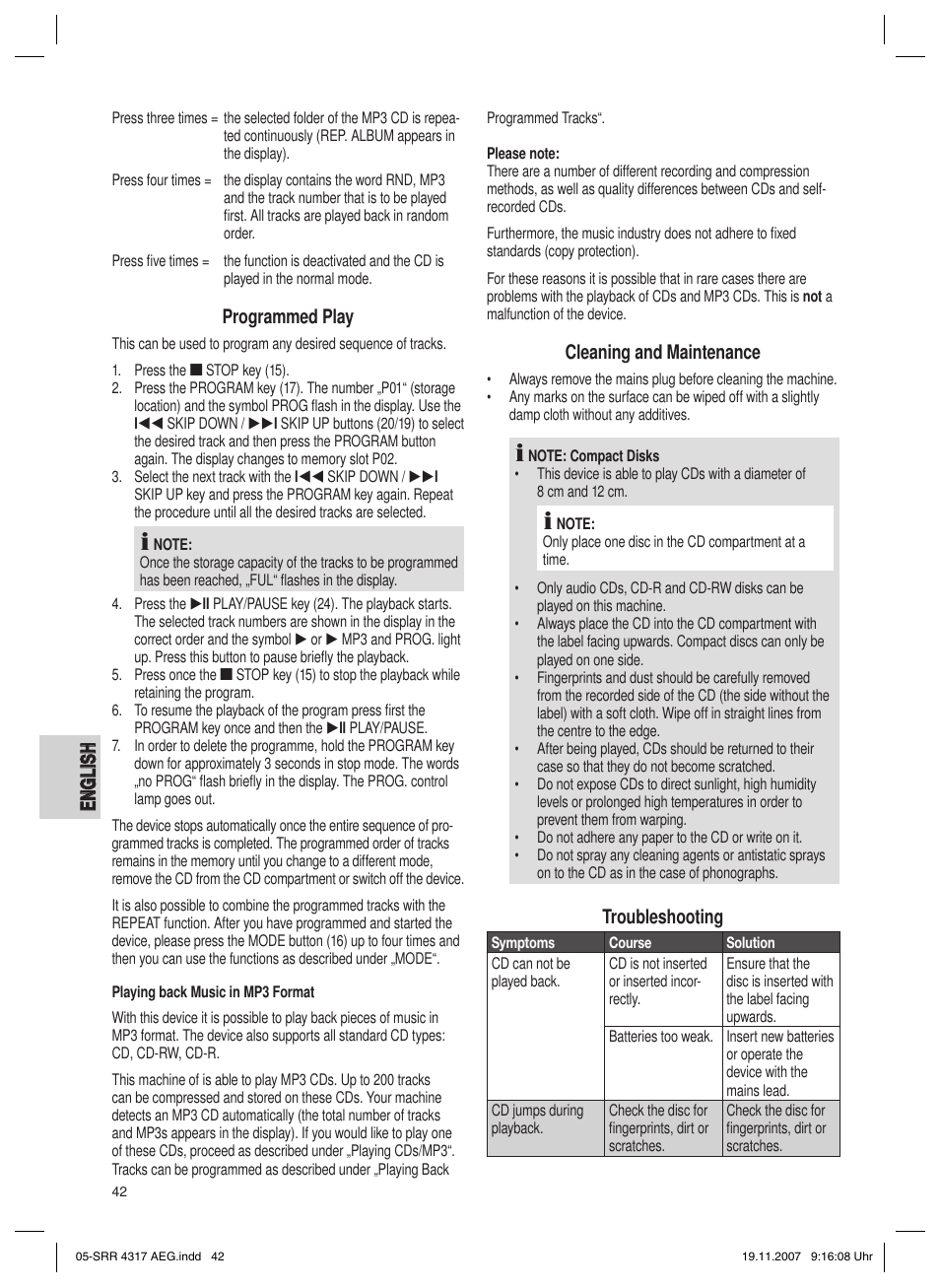 En g l is h english, Programmed play, Cleaning and maintenance | Troubleshooting | AEG SRR 4317 User Manual | Page 42 / 66