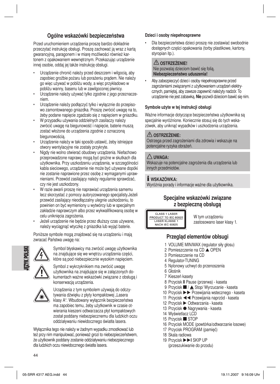 Specjalne wskazówki związane z bezpieczną obsługą, Przegląd elementów obłsugi | AEG SRR 4317 User Manual | Page 44 / 66