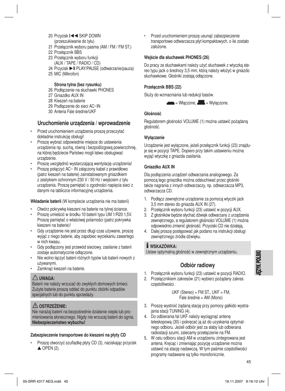 Ję zy k po ls ki język polski, Uruchomienie urządzenia / wprowadzenie, Odbiór radiowy | AEG SRR 4317 User Manual | Page 45 / 66