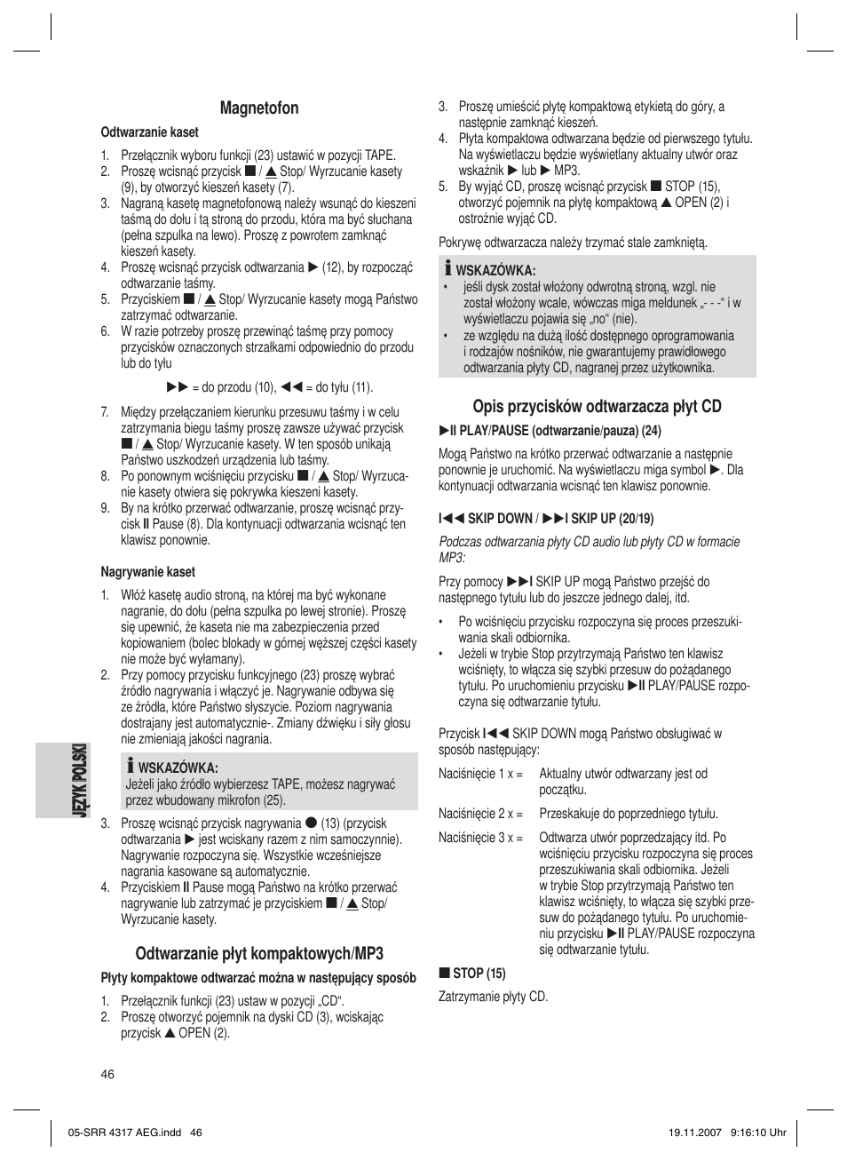 Ję zy k po ls ki język polski magnetofon, Odtwarzanie płyt kompaktowych/mp3, Opis przycisków odtwarzacza płyt cd | AEG SRR 4317 User Manual | Page 46 / 66