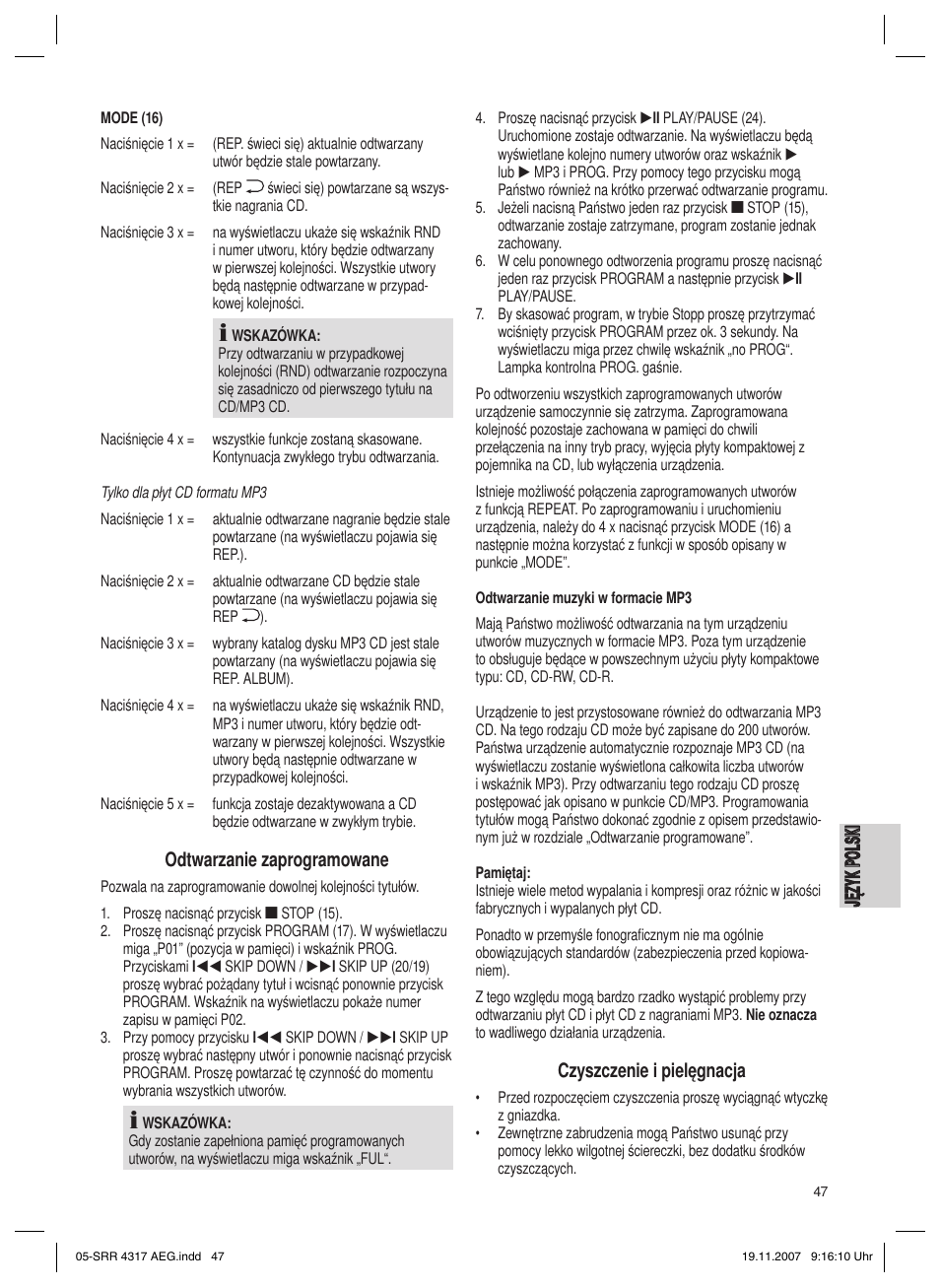 Ję zy k po ls ki język polski, Odtwarzanie zaprogramowane, Czyszczenie i pielęgnacja | AEG SRR 4317 User Manual | Page 47 / 66