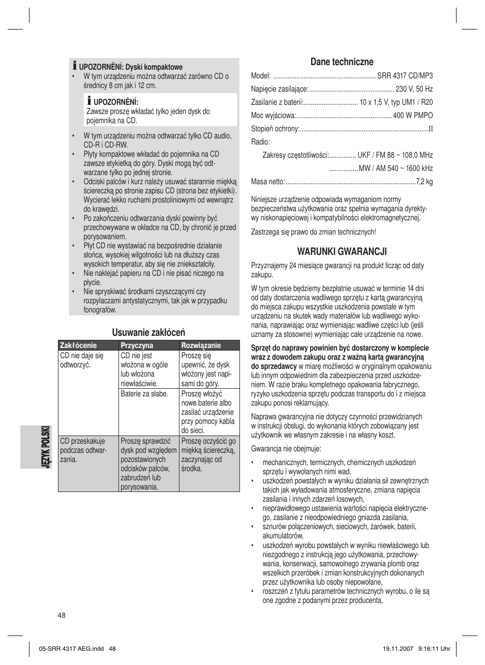 Ję zy k po ls ki język polski, Usuwanie zakłóceń, Dane techniczne | Warunki gwarancji | AEG SRR 4317 User Manual | Page 48 / 66