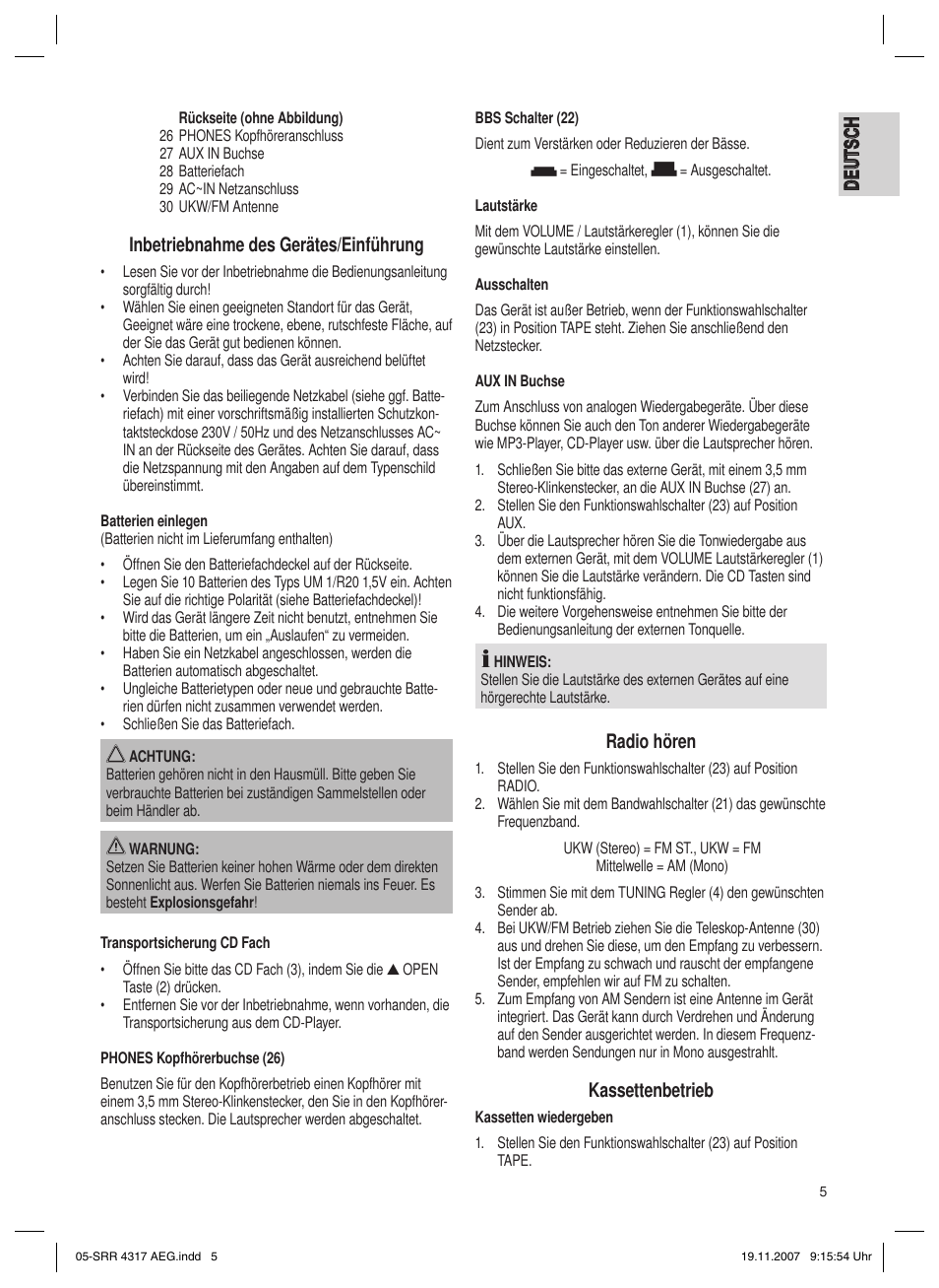 Inbetriebnahme des gerätes/einführung, Radio hören, Kassettenbetrieb | AEG SRR 4317 User Manual | Page 5 / 66