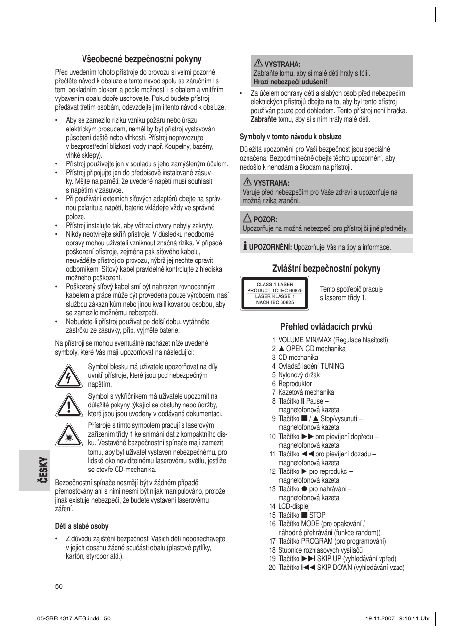 Zvláštní bezpečnostní pokyny, Přehled ovládacích prvků | AEG SRR 4317 User Manual | Page 50 / 66