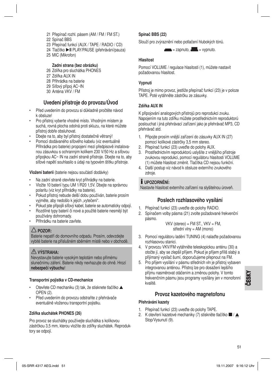 Uvedení přístroje do provozu/úvod, Poslech rozhlasového vysílání, Provoz kazetového magnetofonu | AEG SRR 4317 User Manual | Page 51 / 66