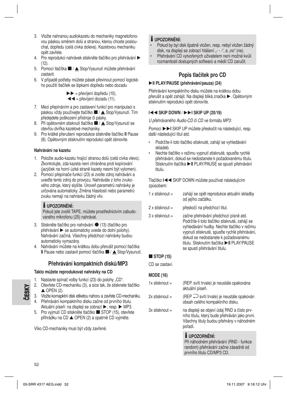 Přehrávání kompaktních disků/mp3, Popis tlačítek pro cd | AEG SRR 4317 User Manual | Page 52 / 66