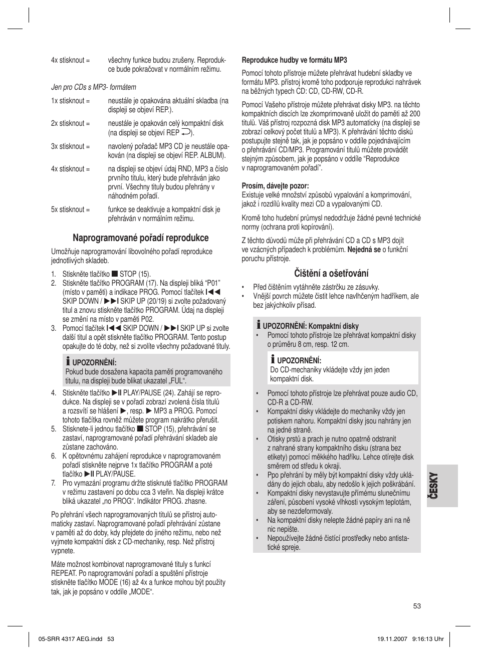 Naprogramované pořadí reprodukce, Čištění a ošetřování | AEG SRR 4317 User Manual | Page 53 / 66