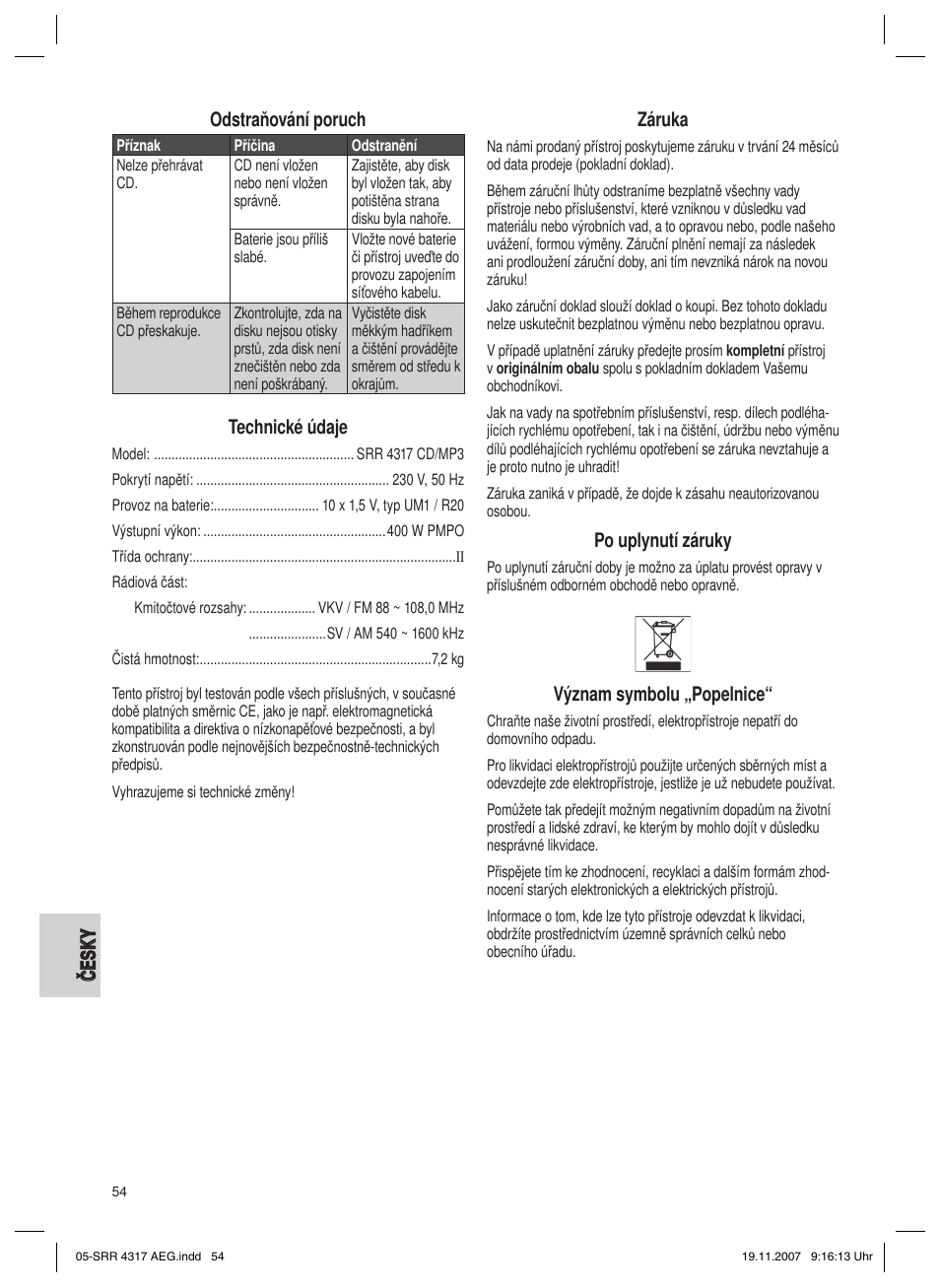 Technické údaje, Záruka, Po uplynutí záruky | Význam symbolu „popelnice | AEG SRR 4317 User Manual | Page 54 / 66