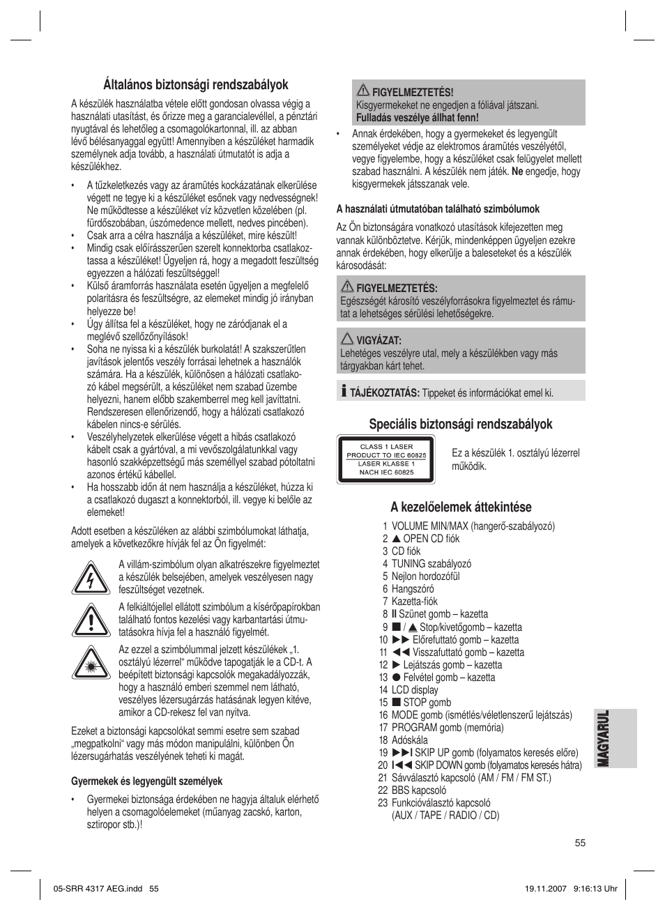 Speciális biztonsági rendszabályok, A kezelőelemek áttekintése | AEG SRR 4317 User Manual | Page 55 / 66