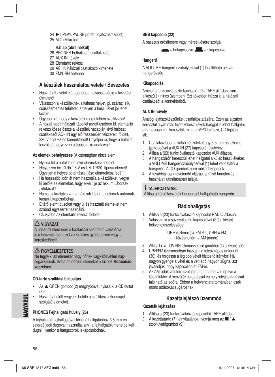 A készülék használatba vétele / bevezetés, Rádióhallgatás, Kazettalejátszó üzemmód | AEG SRR 4317 User Manual | Page 56 / 66