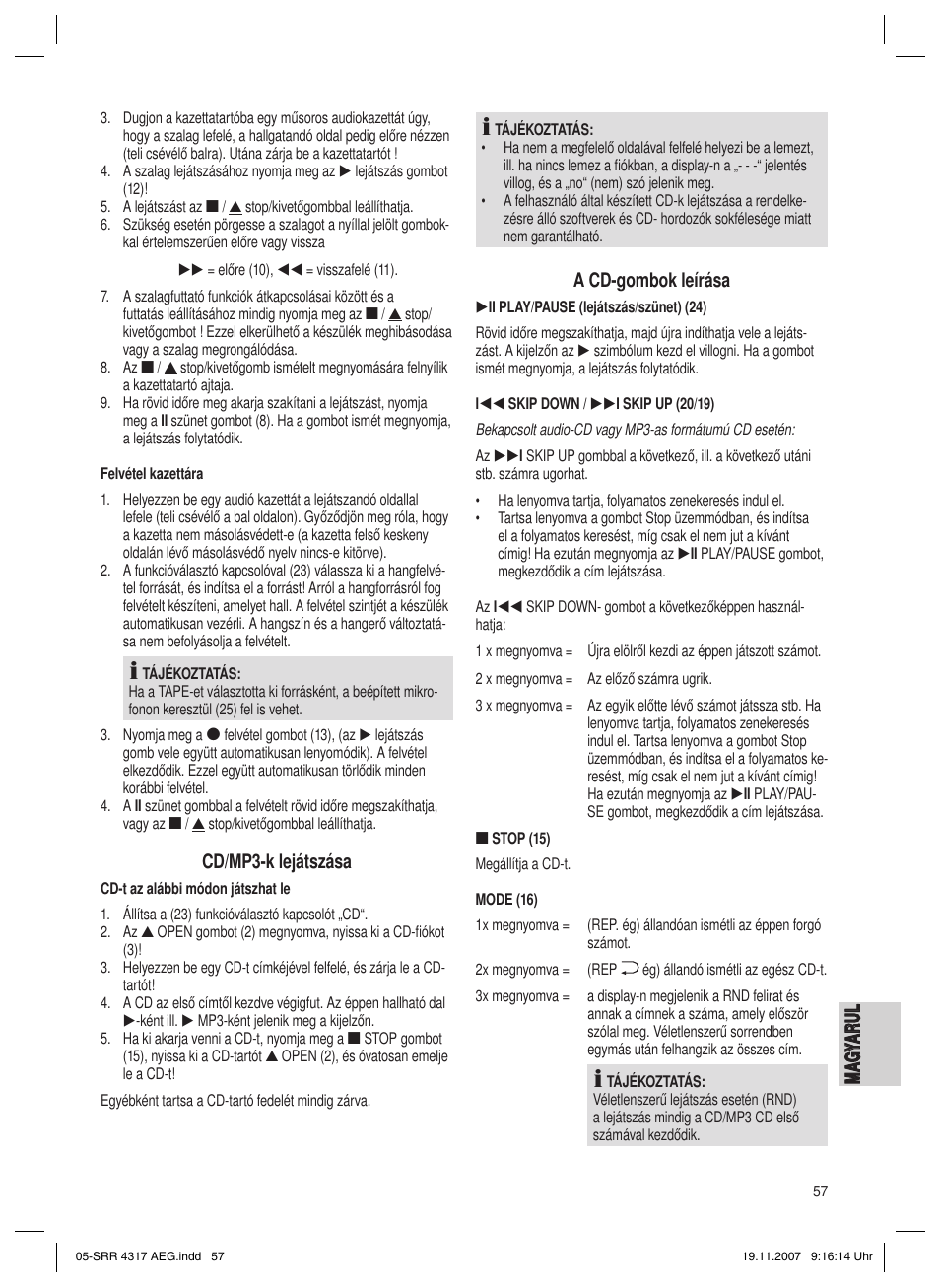 Cd/mp3-k lejátszása, A cd-gombok leírása | AEG SRR 4317 User Manual | Page 57 / 66
