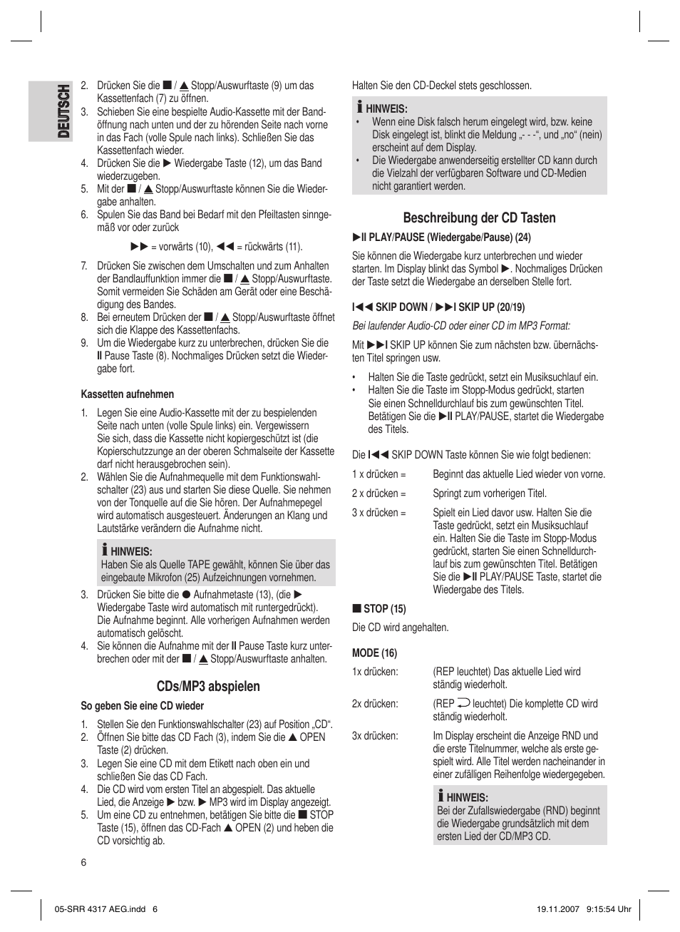 Cds/mp3 abspielen, Beschreibung der cd tasten | AEG SRR 4317 User Manual | Page 6 / 66