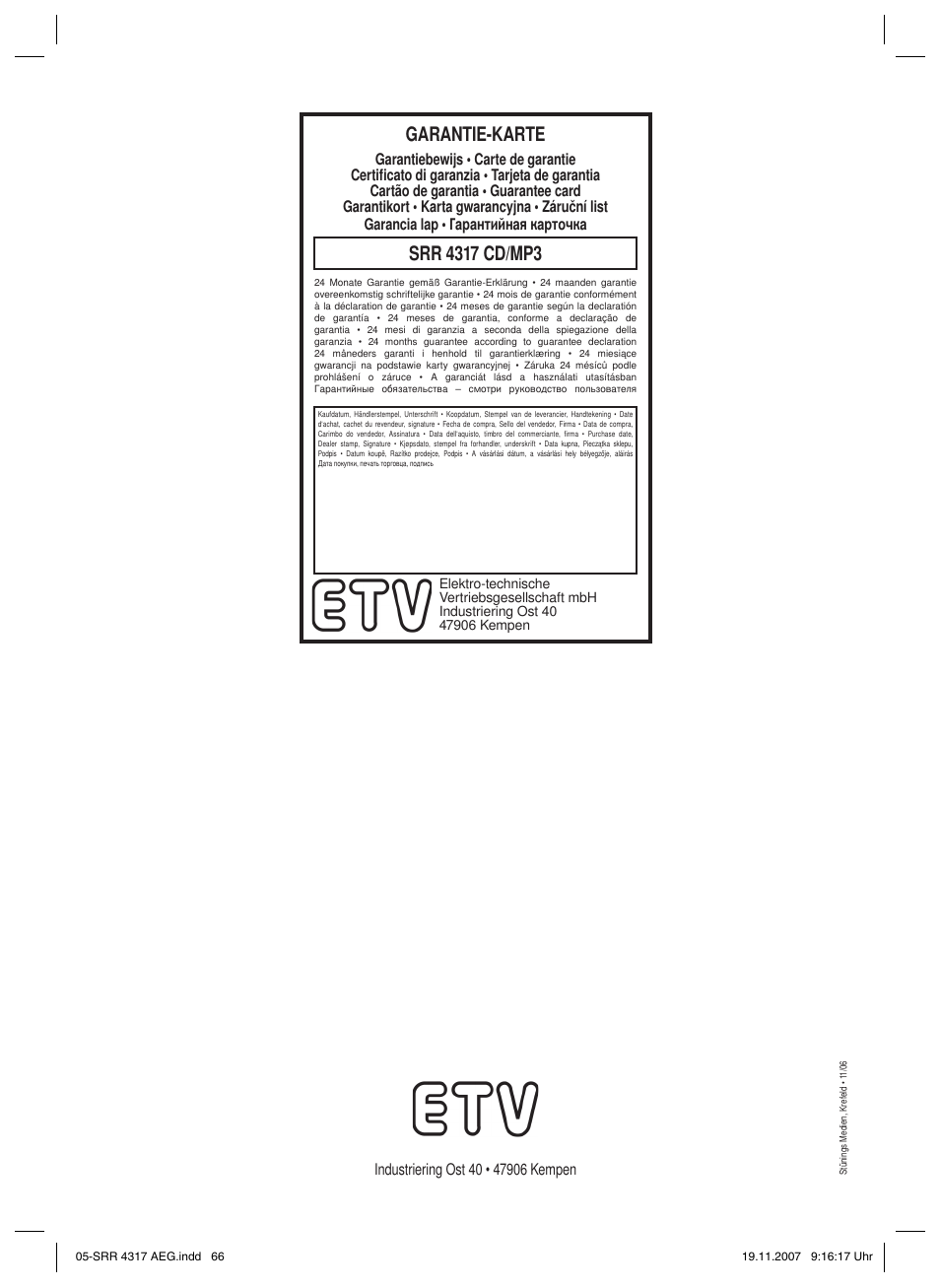Garantie-karte | AEG SRR 4317 User Manual | Page 66 / 66