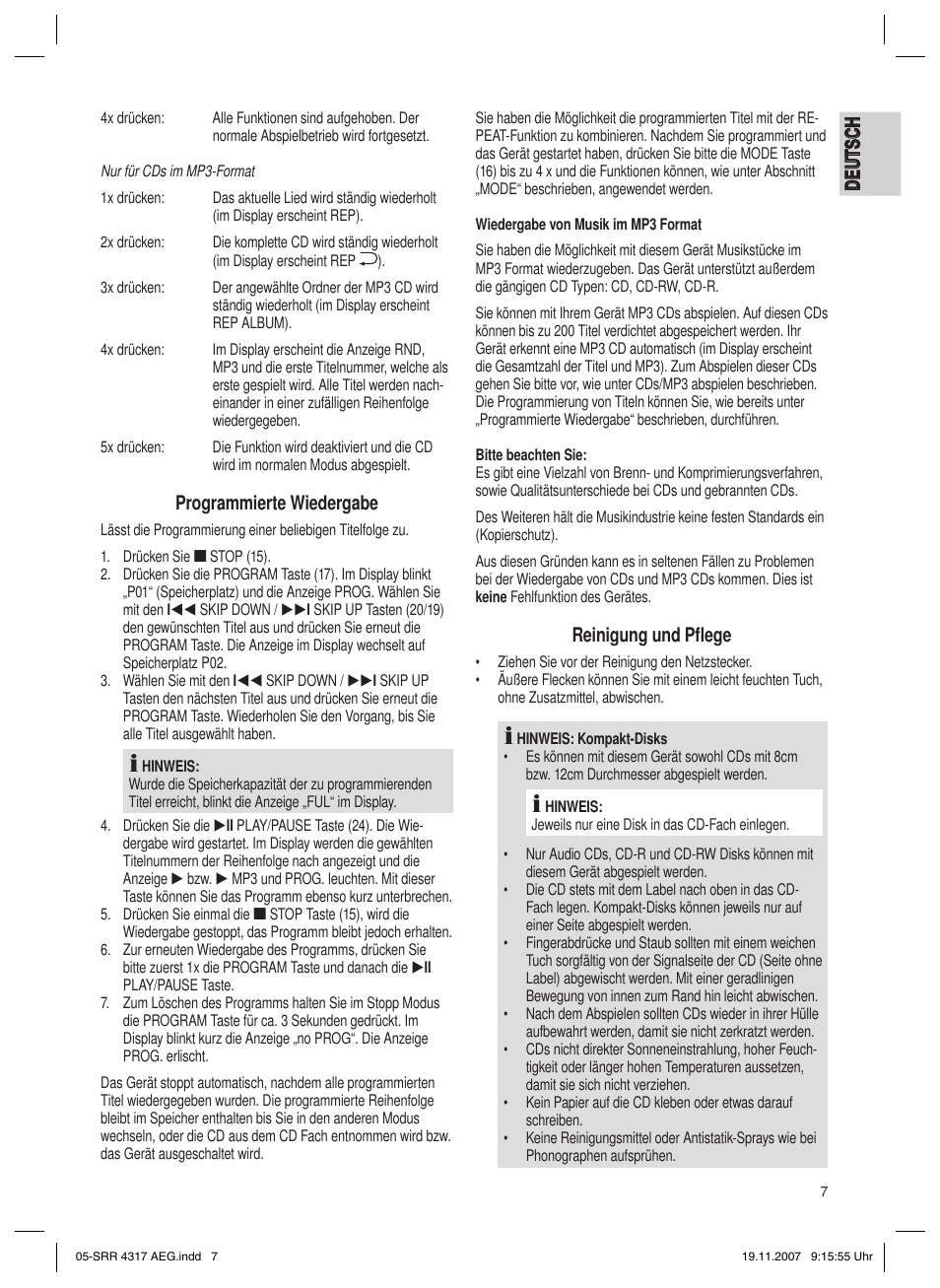 Programmierte wiedergabe, Reinigung und pﬂ ege | AEG SRR 4317 User Manual | Page 7 / 66