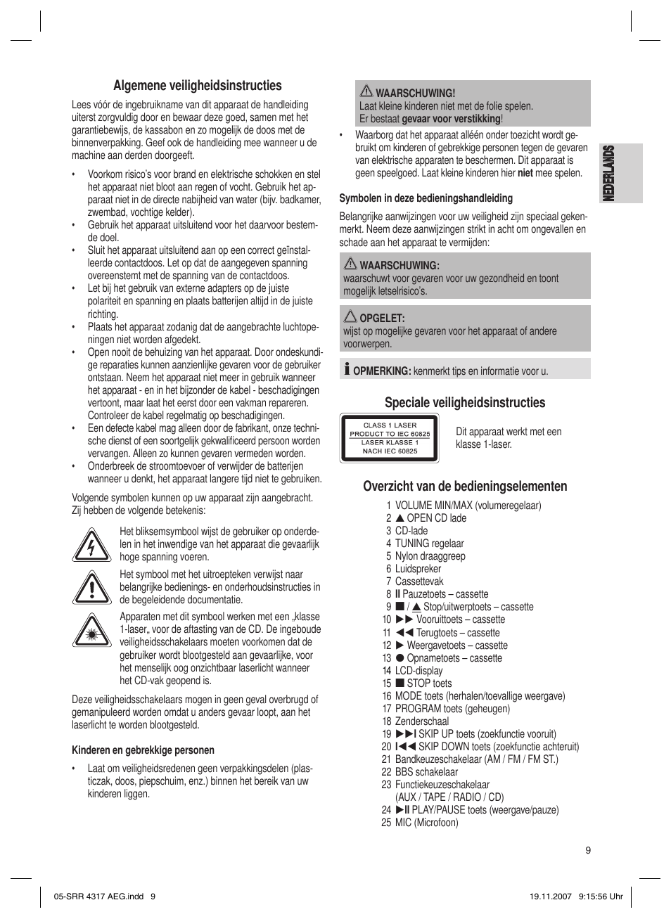 Speciale veiligheidsinstructies, Overzicht van de bedieningselementen | AEG SRR 4317 User Manual | Page 9 / 66