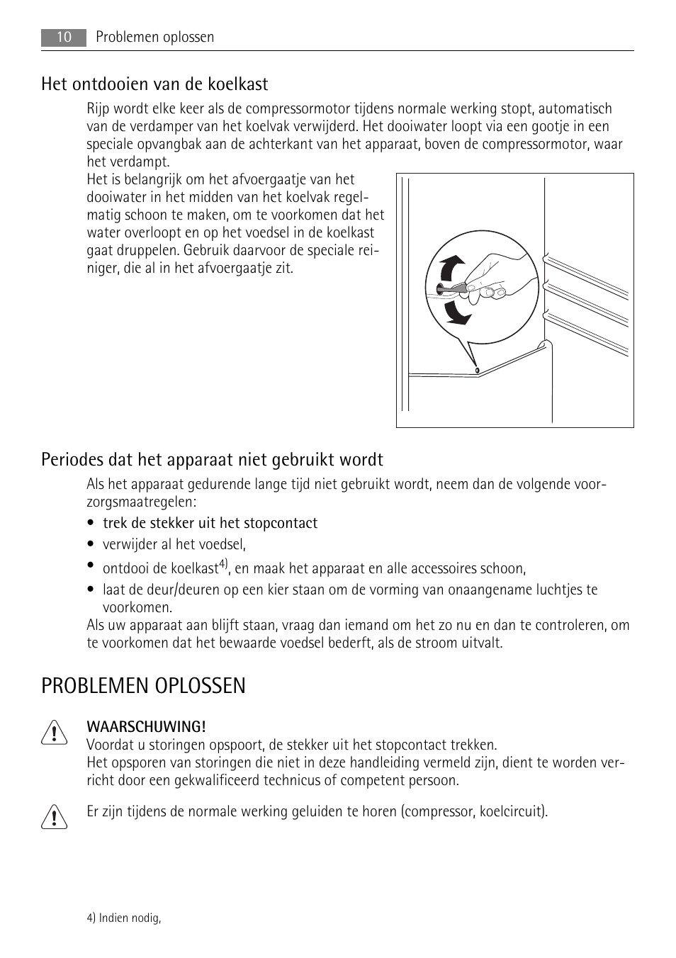 Problemen oplossen, Het ontdooien van de koelkast, Periodes dat het apparaat niet gebruikt wordt | AEG SKS51040S0 User Manual | Page 10 / 76