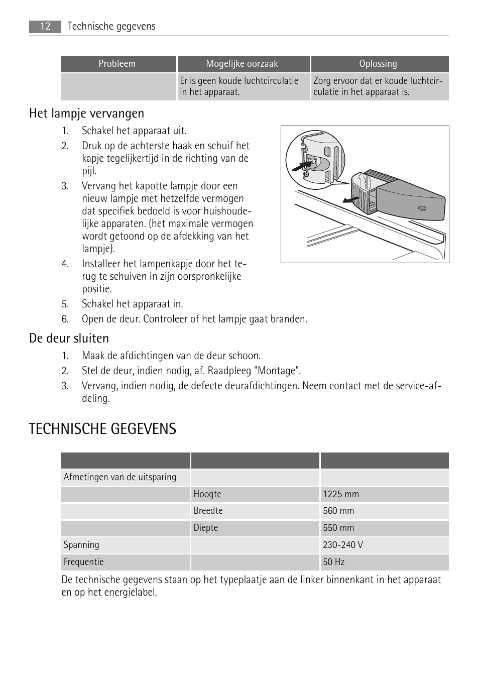 Technische gegevens, Het lampje vervangen, De deur sluiten | AEG SKS51040S0 User Manual | Page 12 / 76