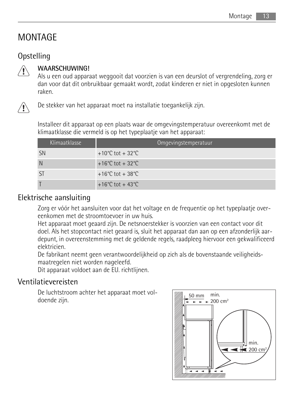 Montage, Opstelling, Elektrische aansluiting | Ventilatievereisten | AEG SKS51040S0 User Manual | Page 13 / 76