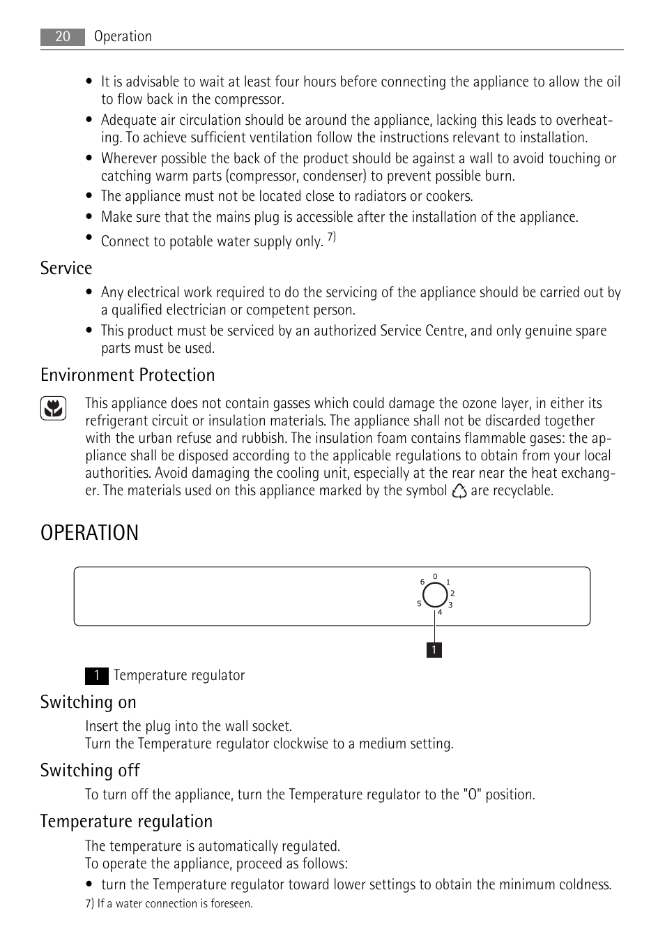 Operation, Service, Environment protection | Switching on, Switching off, Temperature regulation | AEG SKS51040S0 User Manual | Page 20 / 76