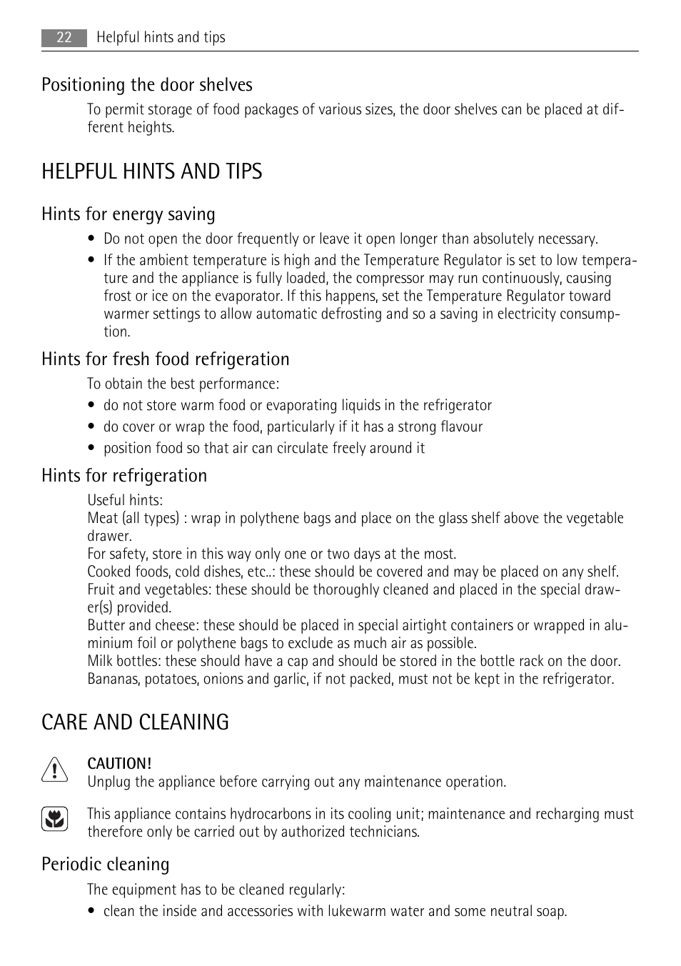 Helpful hints and tips, Care and cleaning, Positioning the door shelves | Hints for energy saving, Hints for fresh food refrigeration, Hints for refrigeration, Periodic cleaning | AEG SKS51040S0 User Manual | Page 22 / 76