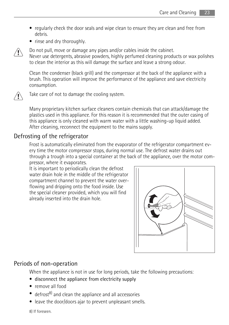Defrosting of the refrigerator, Periods of non-operation | AEG SKS51040S0 User Manual | Page 23 / 76