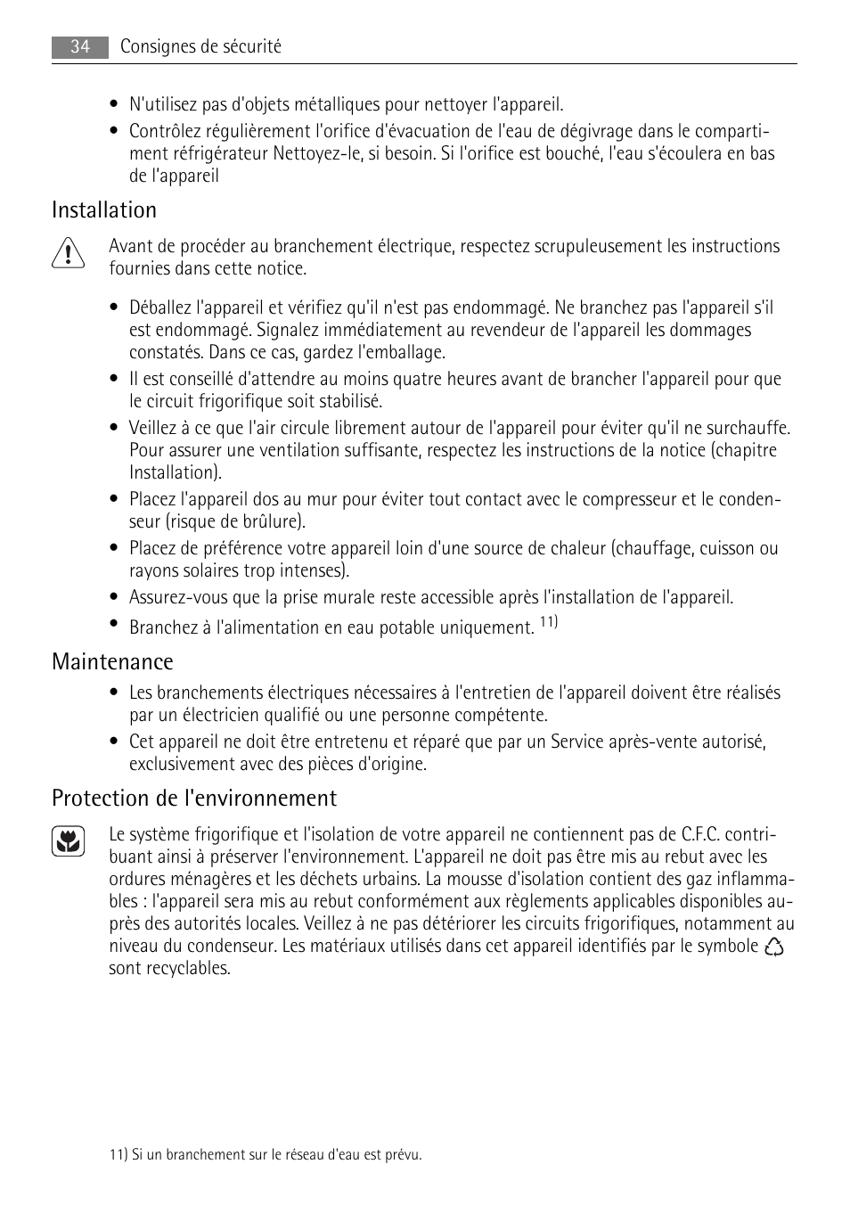 Installation, Maintenance, Protection de l'environnement | AEG SKS51040S0 User Manual | Page 34 / 76