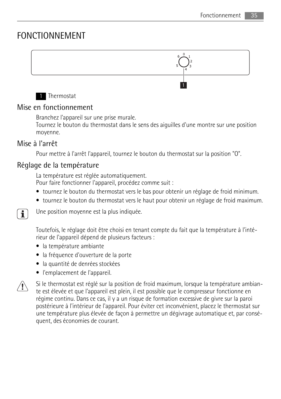 Fonctionnement, Mise en fonctionnement, Mise à l'arrêt | Réglage de la température | AEG SKS51040S0 User Manual | Page 35 / 76