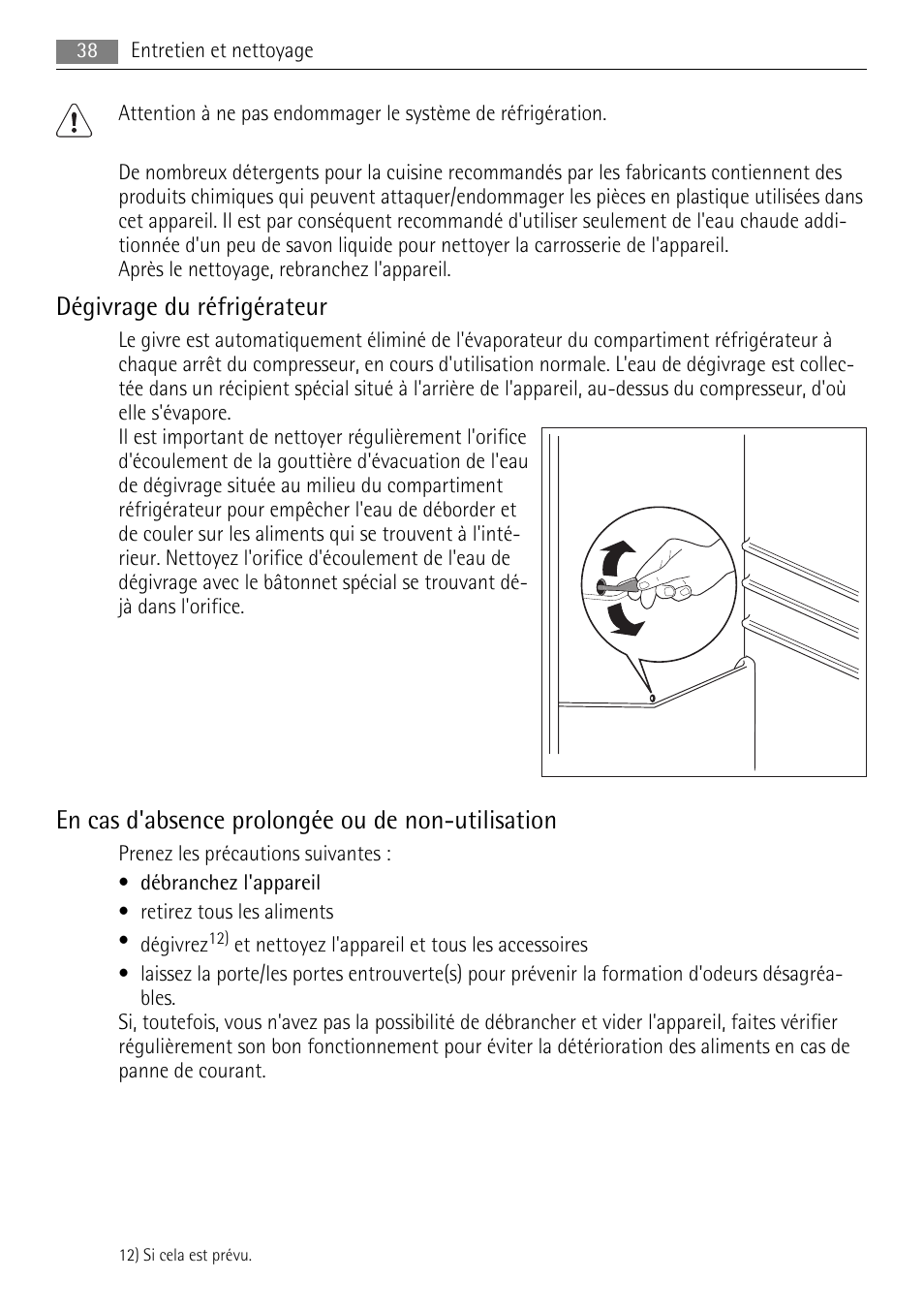 Dégivrage du réfrigérateur, En cas d'absence prolongée ou de non-utilisation | AEG SKS51040S0 User Manual | Page 38 / 76