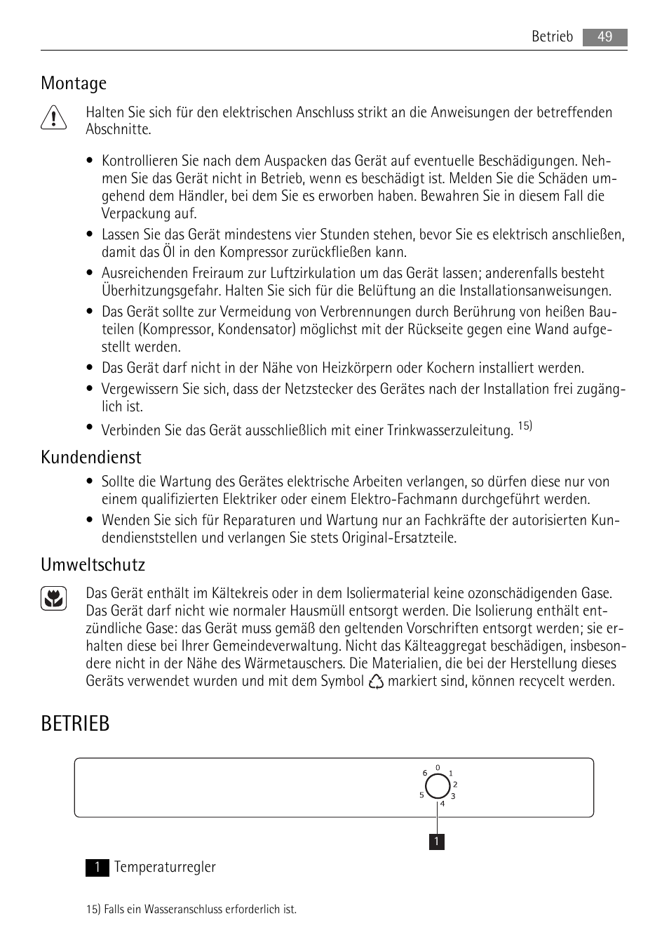 Betrieb, Montage, Kundendienst | Umweltschutz | AEG SKS51040S0 User Manual | Page 49 / 76