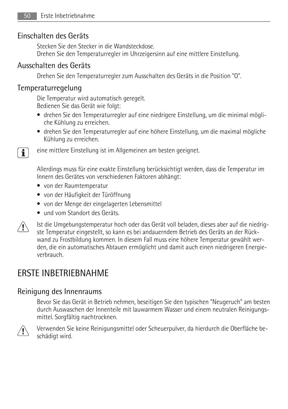 Erste inbetriebnahme, Einschalten des geräts, Ausschalten des geräts | Temperaturregelung, Reinigung des innenraums | AEG SKS51040S0 User Manual | Page 50 / 76