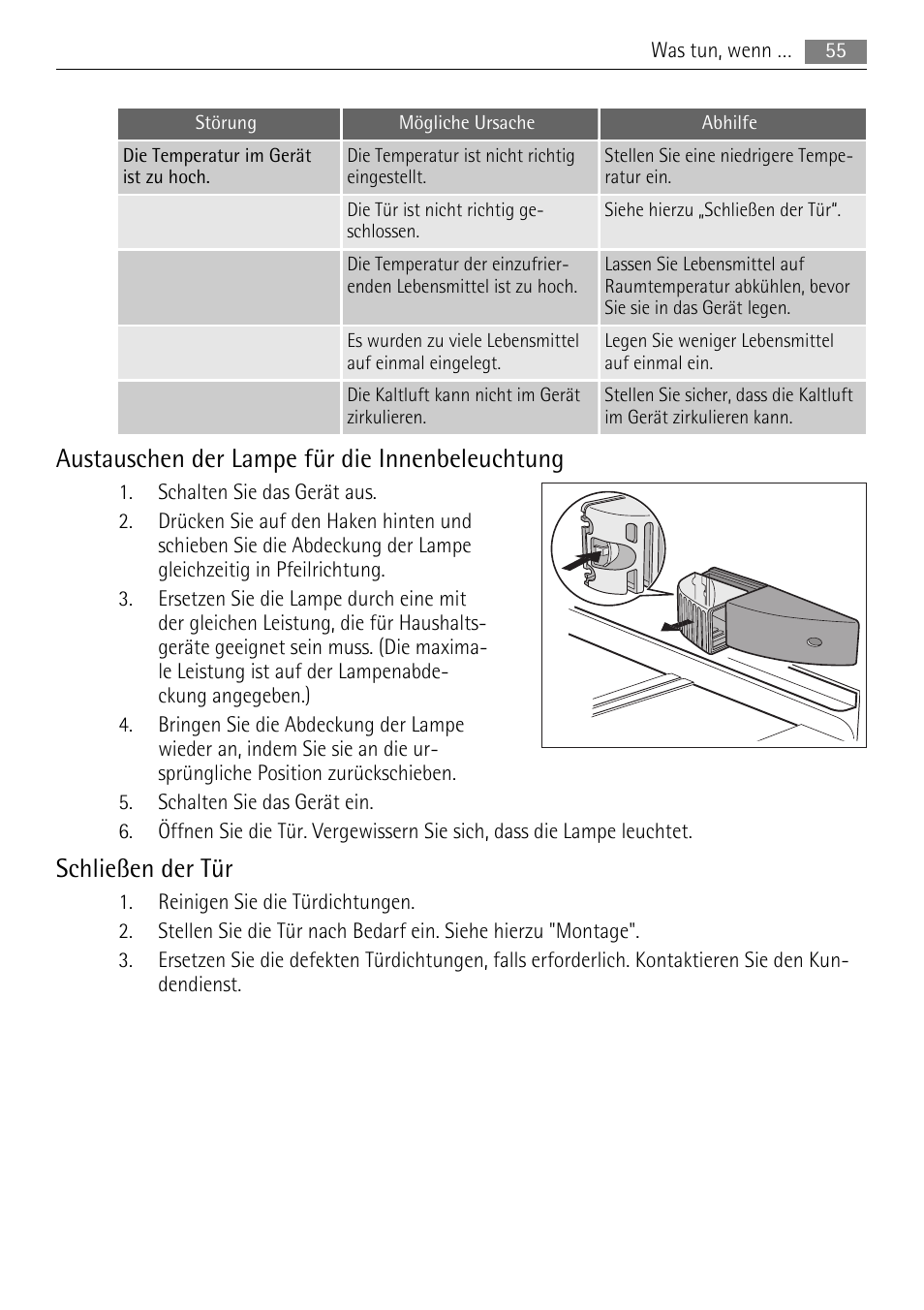 Austauschen der lampe für die innenbeleuchtung, Schließen der tür | AEG SKS51040S0 User Manual | Page 55 / 76
