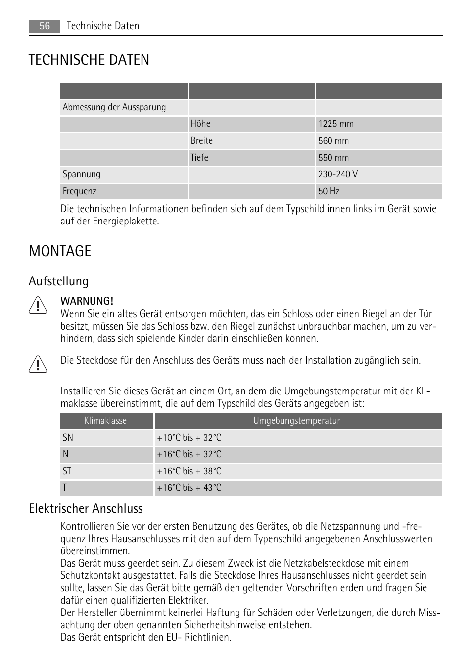 Technische daten, Montage, Aufstellung | Elektrischer anschluss | AEG SKS51040S0 User Manual | Page 56 / 76