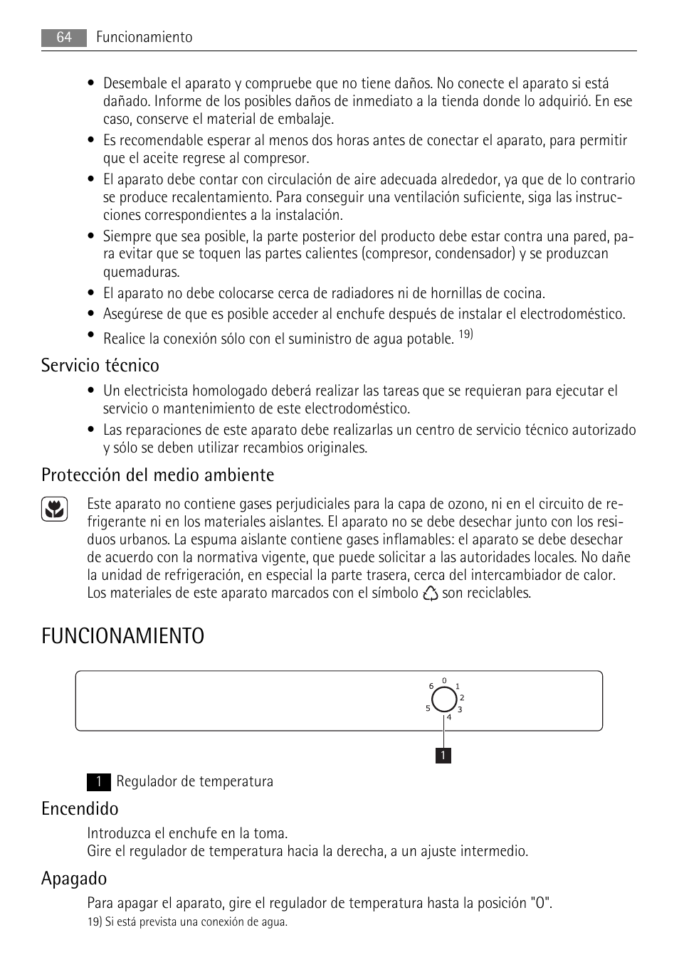 Funcionamiento, Servicio técnico, Protección del medio ambiente | Encendido, Apagado | AEG SKS51040S0 User Manual | Page 64 / 76