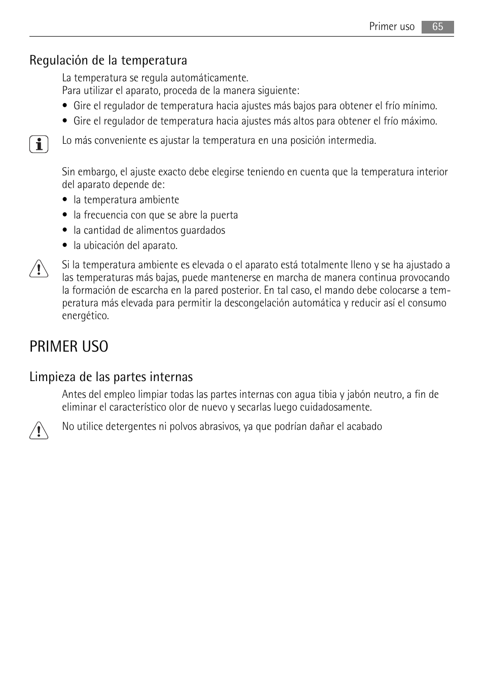 Primer uso, Regulación de la temperatura, Limpieza de las partes internas | AEG SKS51040S0 User Manual | Page 65 / 76
