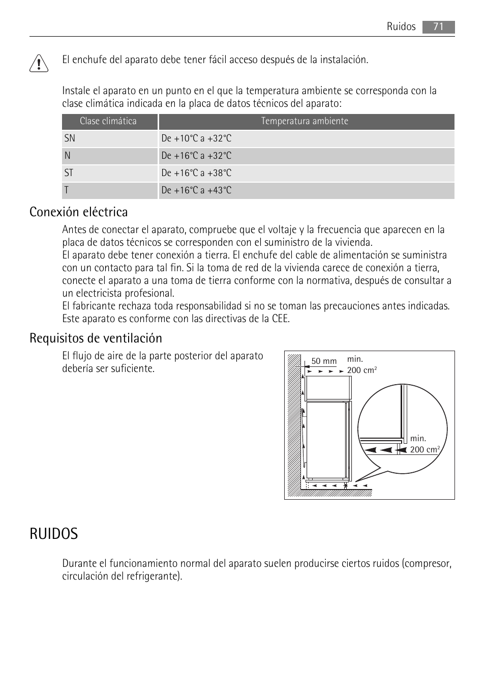 Ruidos, Conexión eléctrica, Requisitos de ventilación | AEG SKS51040S0 User Manual | Page 71 / 76