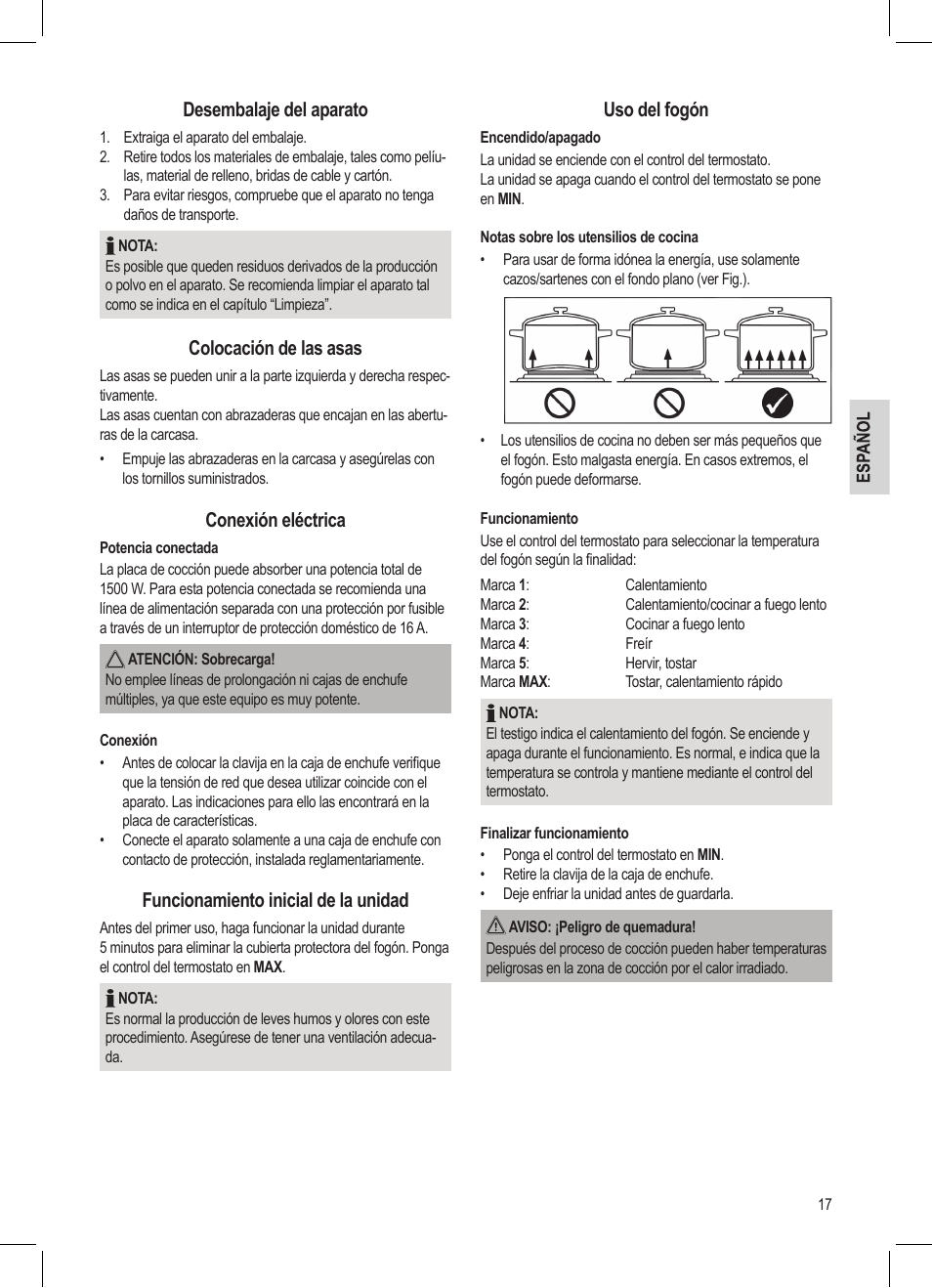Desembalaje del aparato, Colocación de las asas, Conexión eléctrica | Funcionamiento inicial de la unidad, Uso del fogón | AEG MC 4461 BT wei User Manual | Page 17 / 48