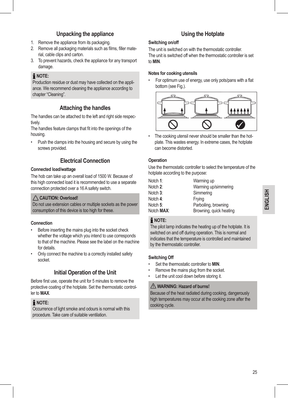 Unpacking the appliance, Attaching the handles, Electrical connection | Initial operation of the unit, Using the hotplate | AEG MC 4461 BT wei User Manual | Page 25 / 48
