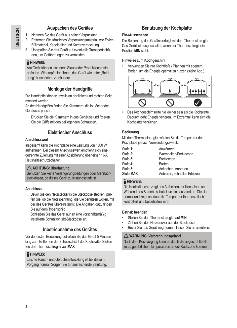 Auspacken des gerätes, Montage der handgriffe, Elektrischer anschluss | Inbetriebnahme des gerätes, Benutzung der kochplatte | AEG MC 4461 BT wei User Manual | Page 4 / 48