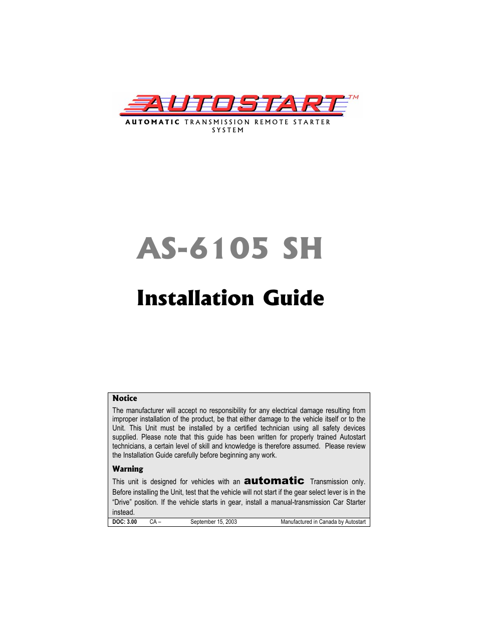 Autostart AS-6105 SH User Manual | 20 pages