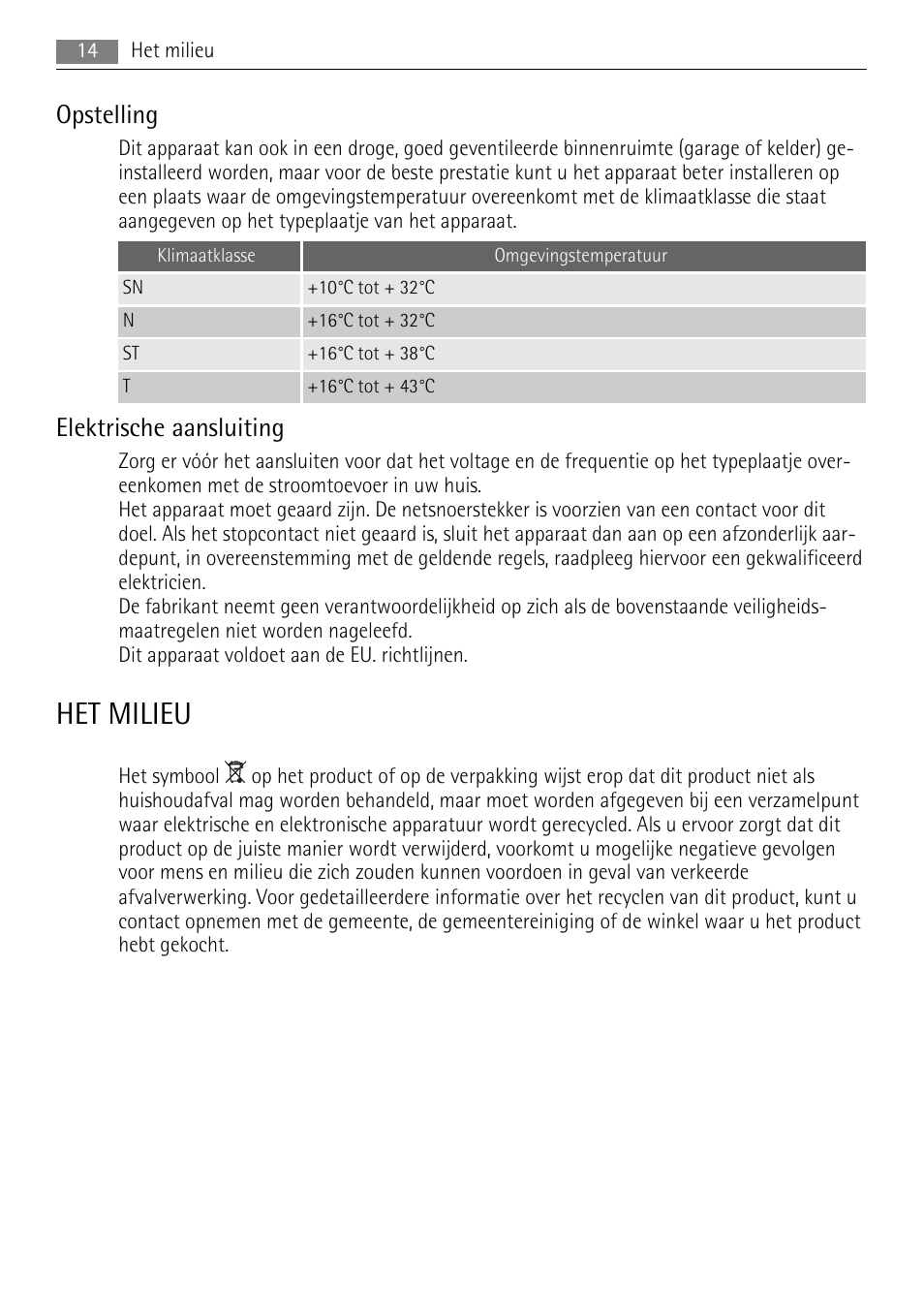Het milieu, Opstelling, Elektrische aansluiting | AEG SKS58800S1 User Manual | Page 14 / 68