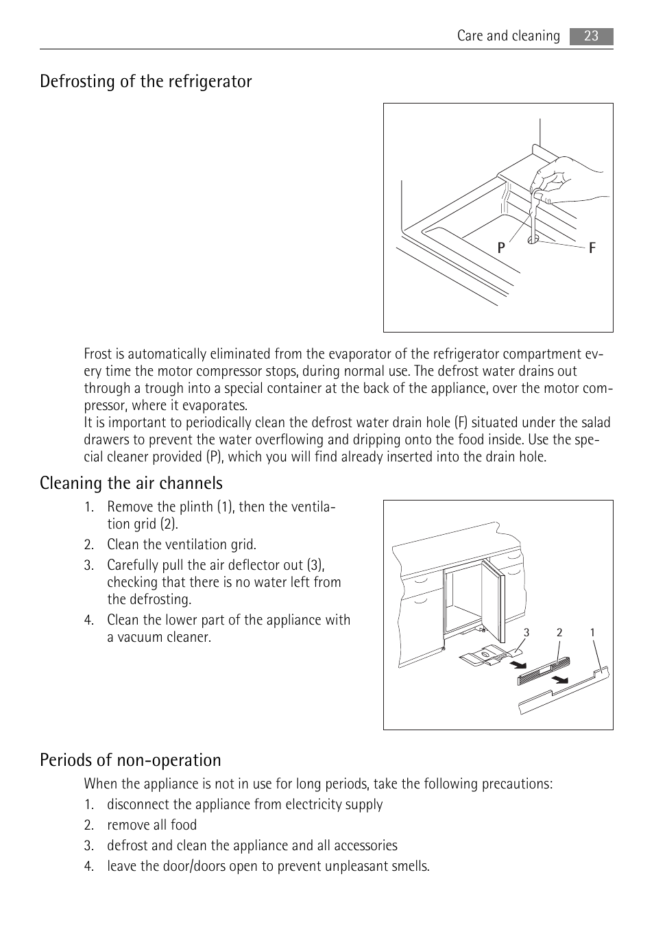 Defrosting of the refrigerator, Cleaning the air channels, Periods of non-operation | AEG SKS58800S1 User Manual | Page 23 / 68