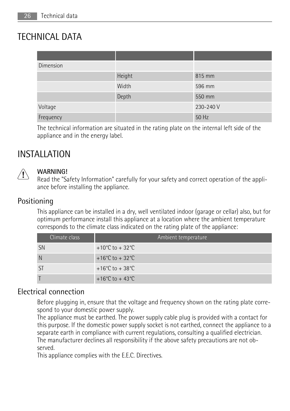 Technical data, Installation, Positioning | Electrical connection | AEG SKS58800S1 User Manual | Page 26 / 68