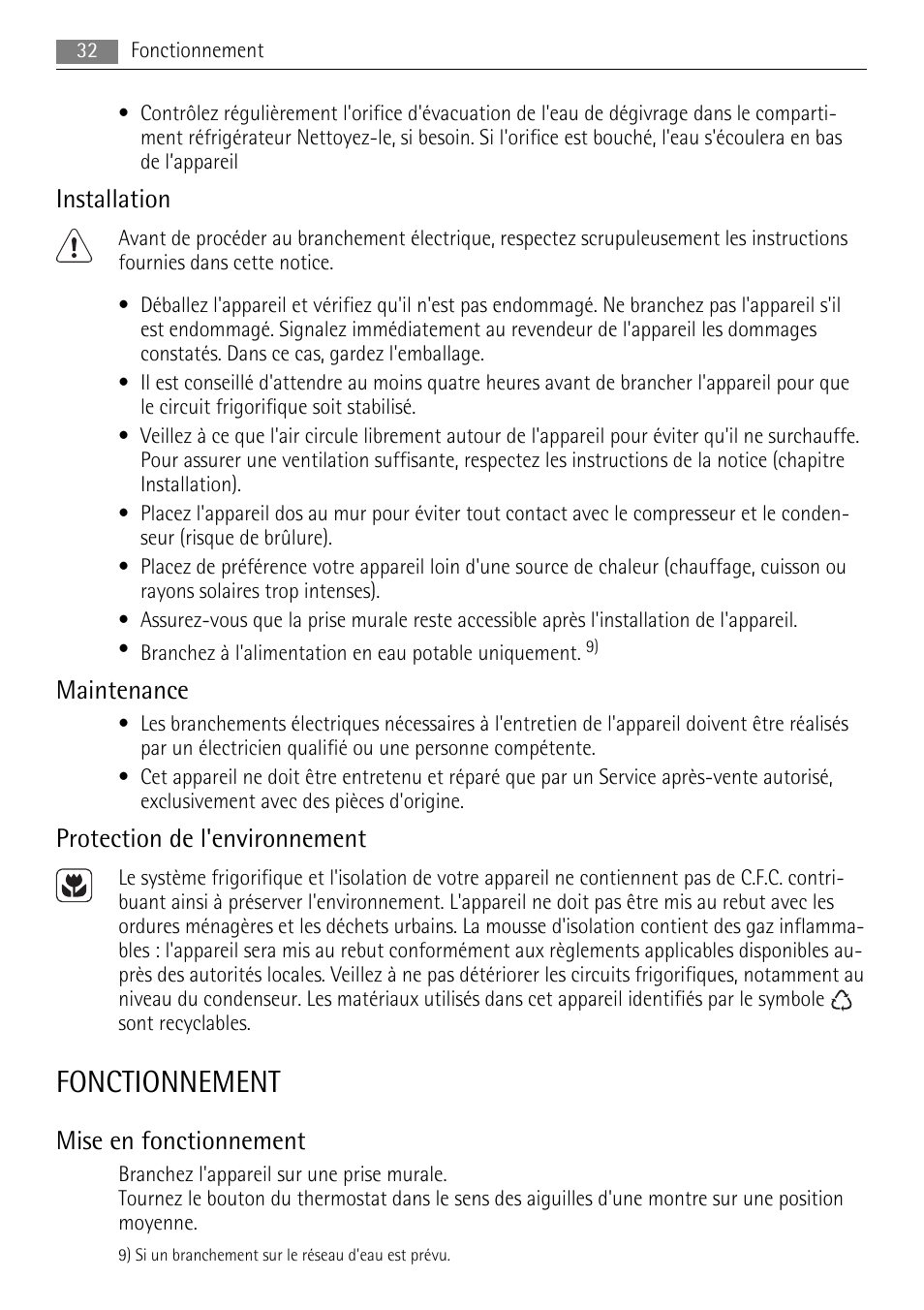 Fonctionnement, Installation, Maintenance | Protection de l'environnement, Mise en fonctionnement | AEG SKS58800S1 User Manual | Page 32 / 68