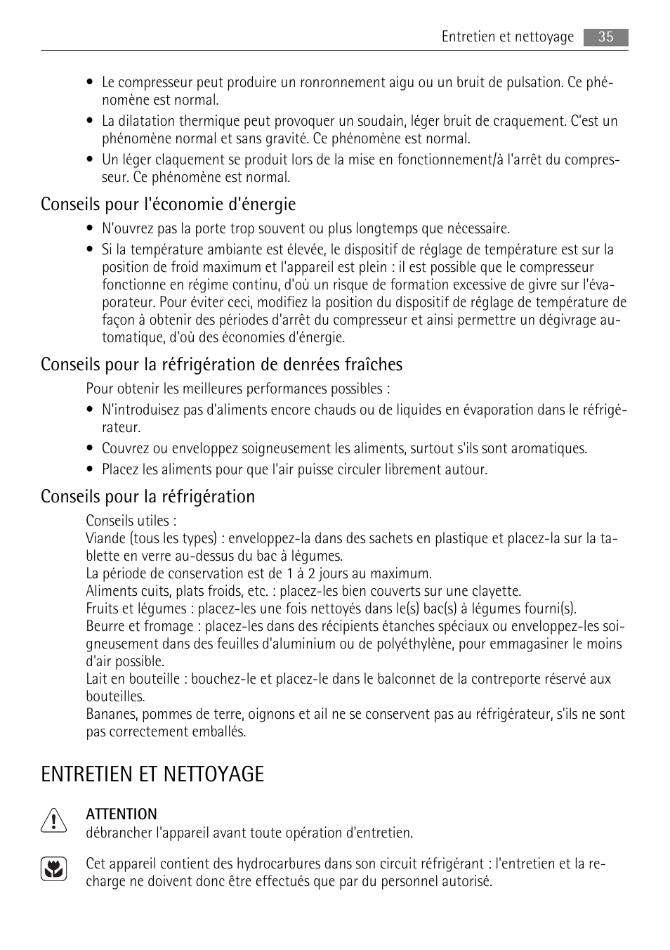 Entretien et nettoyage, Conseils pour l'économie d'énergie, Conseils pour la réfrigération de denrées fraîches | Conseils pour la réfrigération | AEG SKS58800S1 User Manual | Page 35 / 68