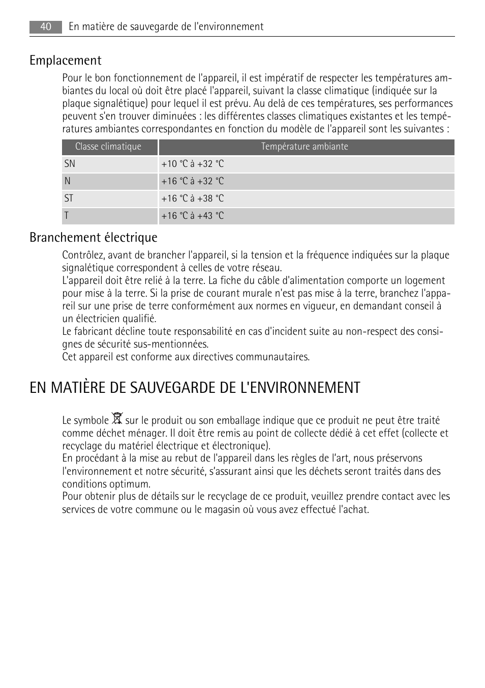 En matière de sauvegarde de l'environnement, Emplacement, Branchement électrique | AEG SKS58800S1 User Manual | Page 40 / 68