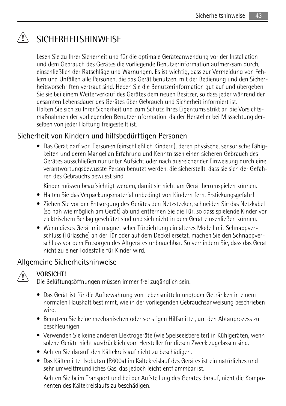 Sicherheitshinweise, Allgemeine sicherheitshinweise | AEG SKS58800S1 User Manual | Page 43 / 68