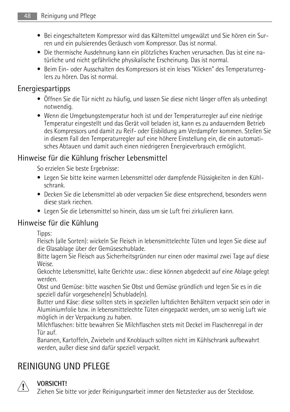 Reinigung und pflege, Energiespartipps, Hinweise für die kühlung frischer lebensmittel | Hinweise für die kühlung | AEG SKS58800S1 User Manual | Page 48 / 68