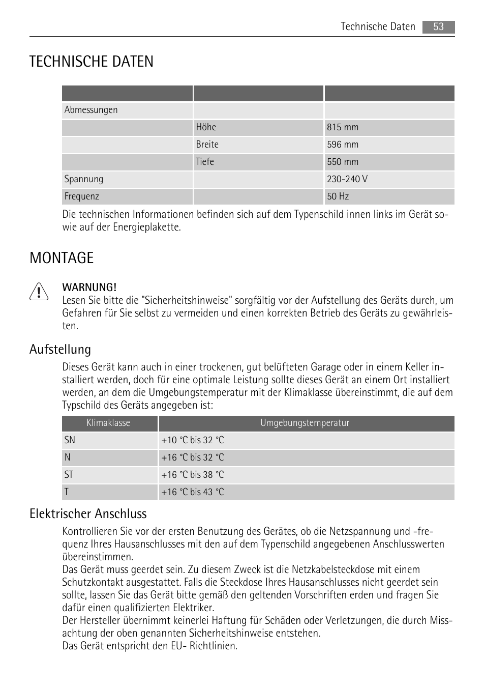 Technische daten, Montage, Aufstellung | Elektrischer anschluss | AEG SKS58800S1 User Manual | Page 53 / 68