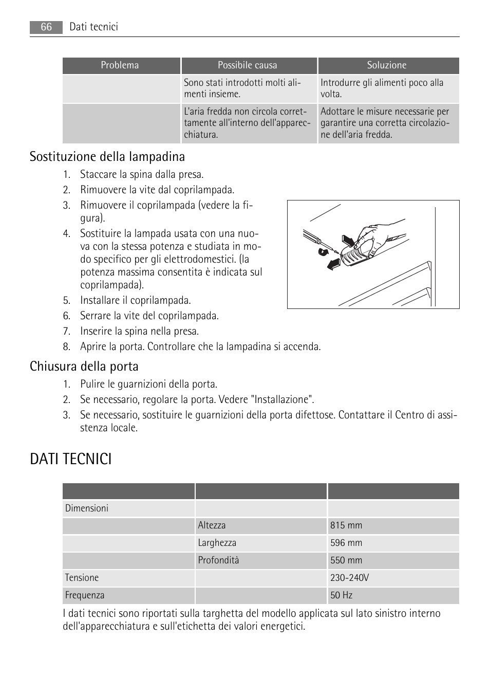 Dati tecnici, Sostituzione della lampadina, Chiusura della porta | AEG SKS58800S1 User Manual | Page 66 / 68